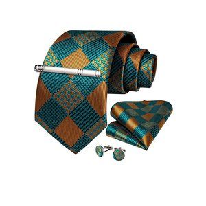 Men's Silk Tie + Pocket Square + Cufflinks + Tie Clip 4 Piece Set